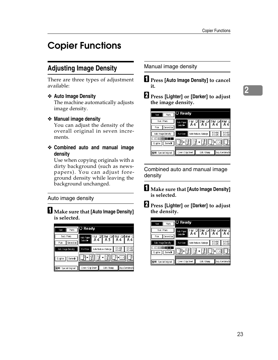 Copier functions, Adjusting image density, 2copier functions | Lanier LD235 User Manual | Page 33 / 134