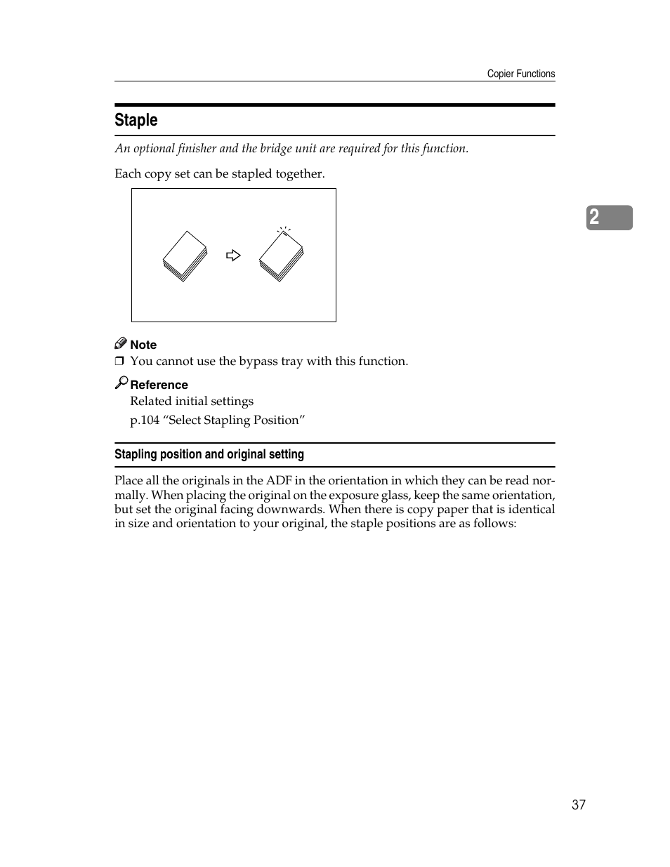 Staple, Stapling position and original setting, P.37 “staple | Lanier LD235 User Manual | Page 47 / 134