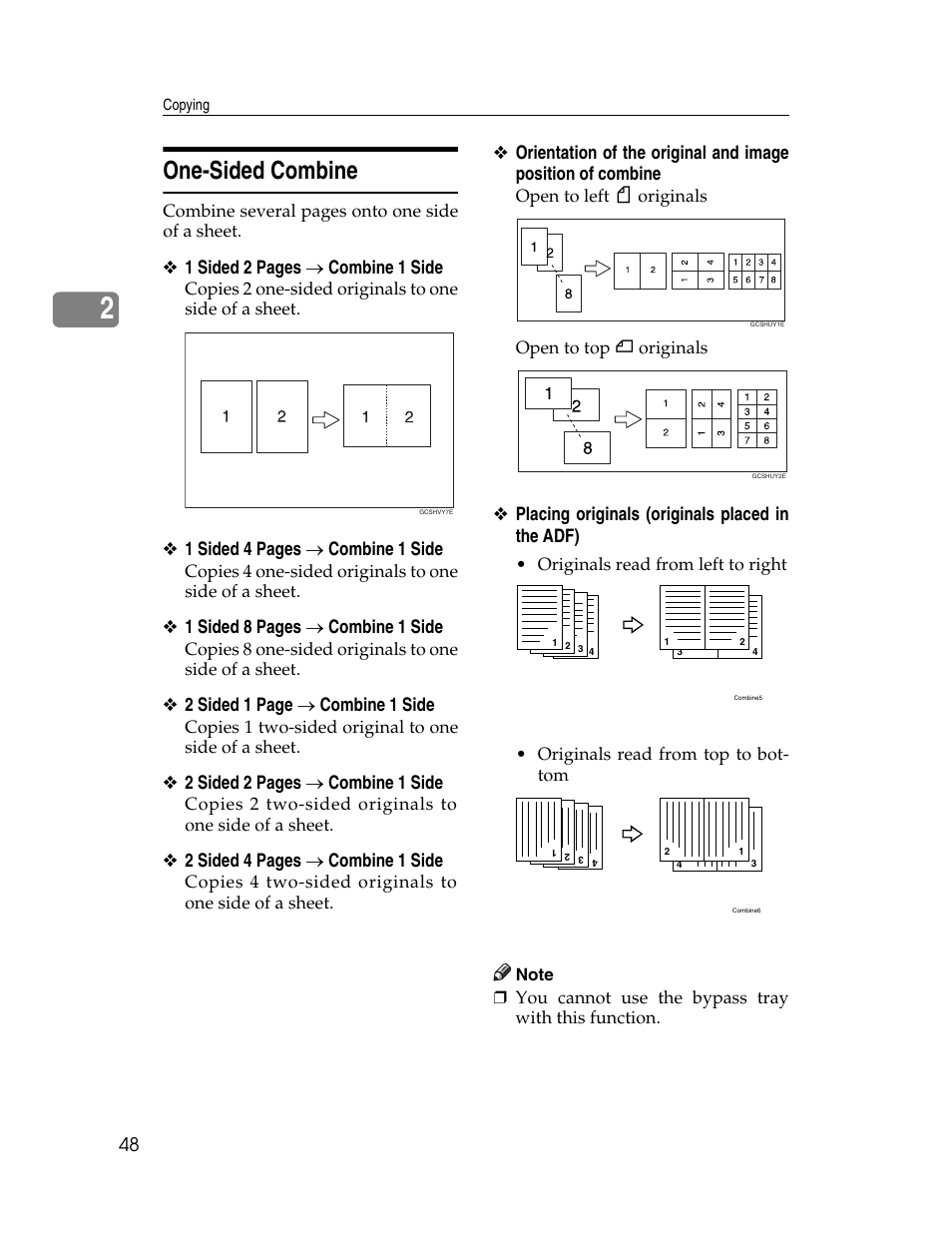 One-sided combine, 1 sided 2 pages → combine 1 side, 1 sided 4 pages → combine 1 side | 1 sided 8 pages → combine 1 side, 2 sided 1 page → combine 1 side, 2 sided 2 pages → combine 1 side, 2 sided 4 pages → combine 1 side, Placing originals (originals placed in the adf) | Lanier LD235 User Manual | Page 58 / 134