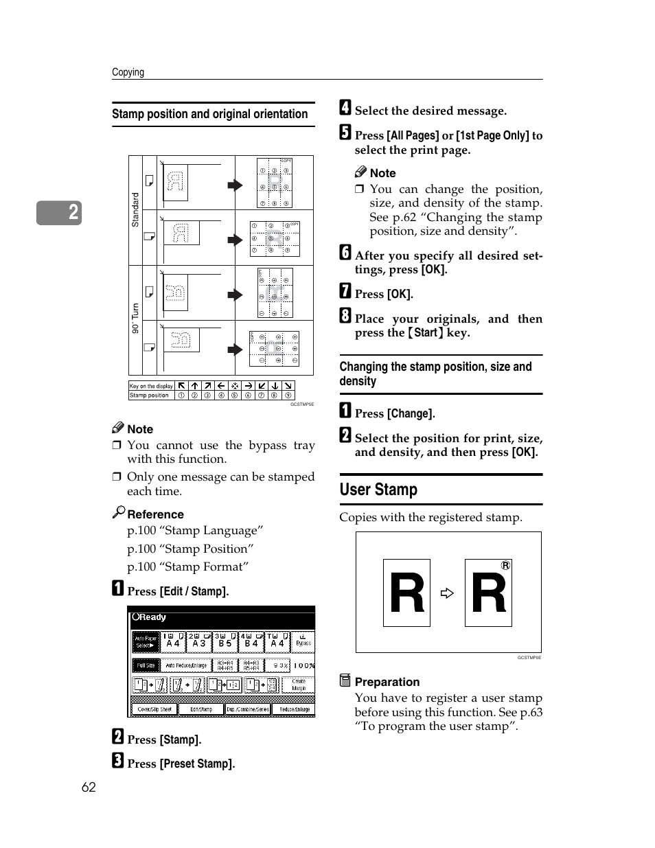 Stamp position and original orientation, Changing the stamp position, size and density, User stamp | Lanier LD235 User Manual | Page 72 / 134