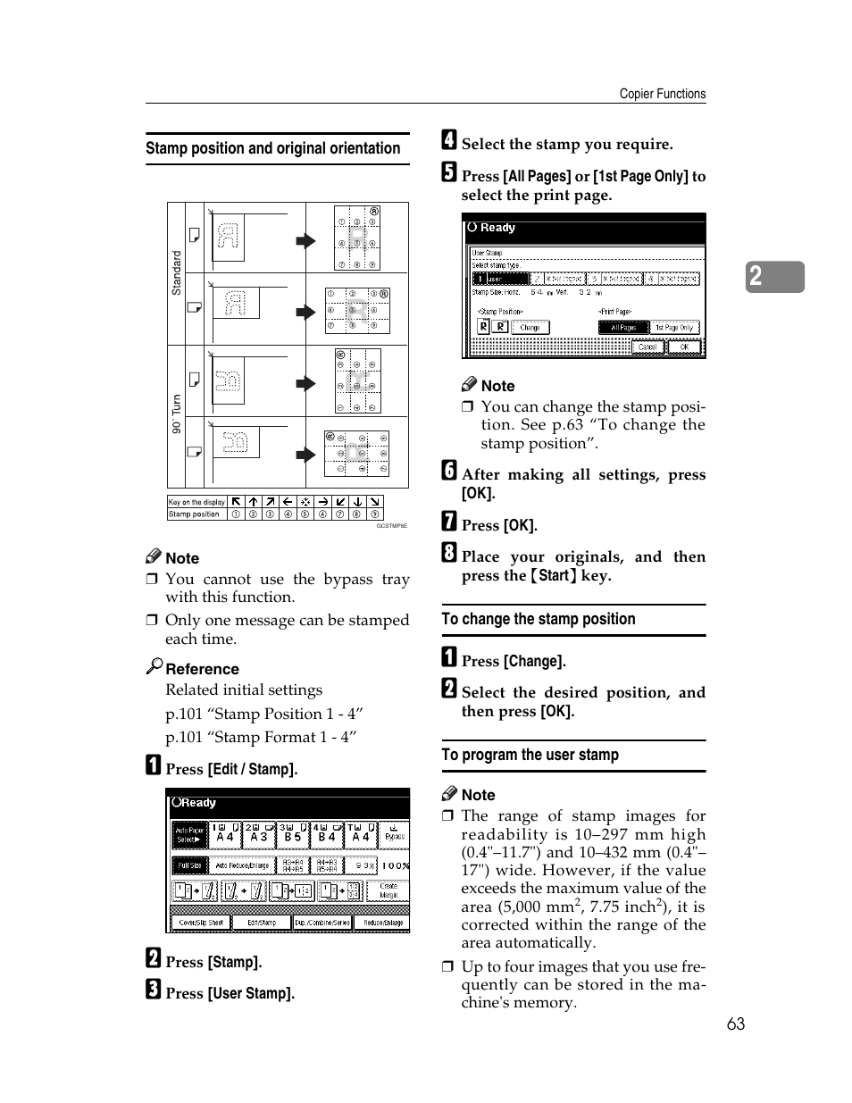 Stamp position and original orientation, To change the stamp position, To program the user stamp | P.63 “to program the user stamp | Lanier LD235 User Manual | Page 73 / 134