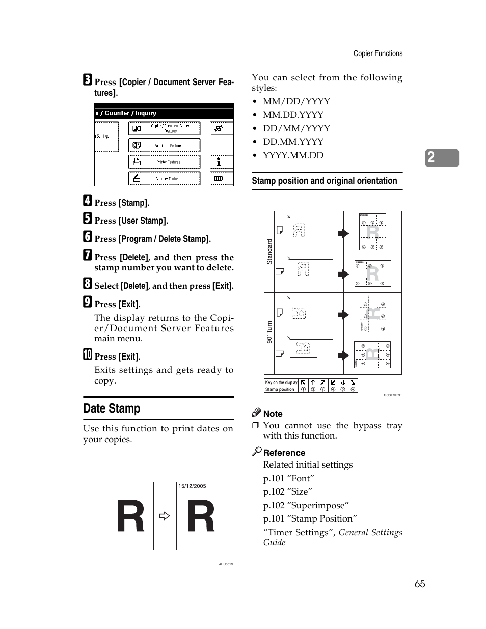 Date stamp, Stamp position and original orientation | Lanier LD235 User Manual | Page 75 / 134