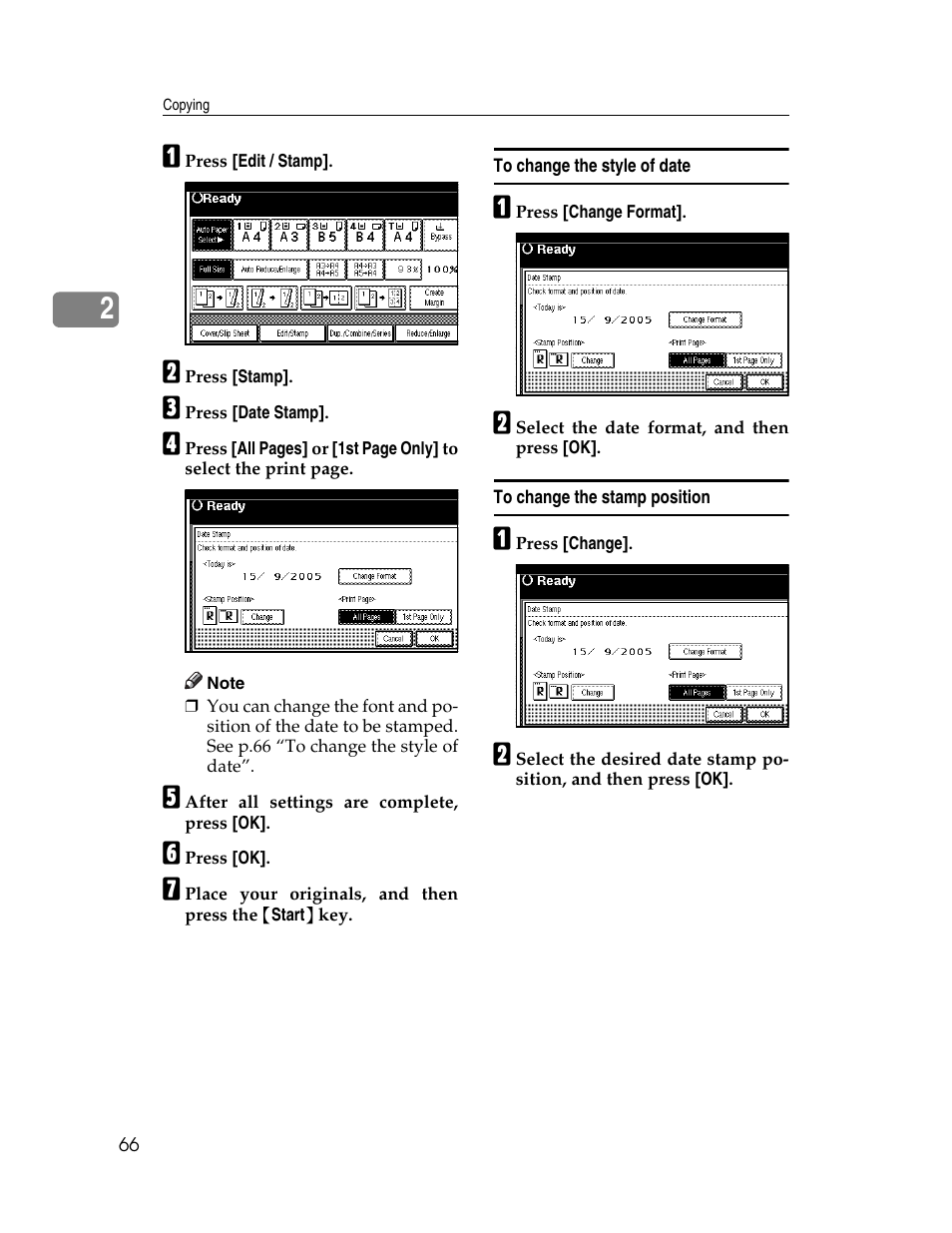 To change the style of date, To change the stamp position | Lanier LD235 User Manual | Page 76 / 134