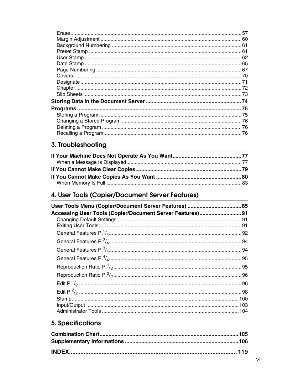 Troubleshooting, User tools (copier/document server features), Specifications | Lanier LD235 User Manual | Page 9 / 134