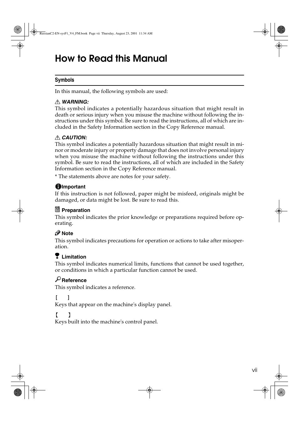 How to read this manual, Symbols | Lanier 5622 AG User Manual | Page 10 / 118