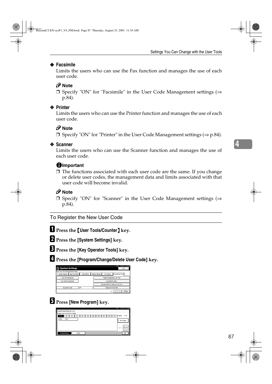 To register the new user code | Lanier 5622 AG User Manual | Page 100 / 118