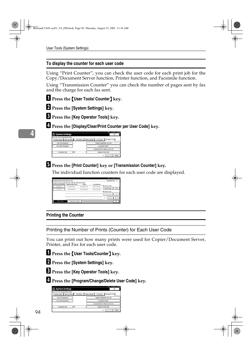 To display the counter for each user code, Printing the counter | Lanier 5622 AG User Manual | Page 107 / 118