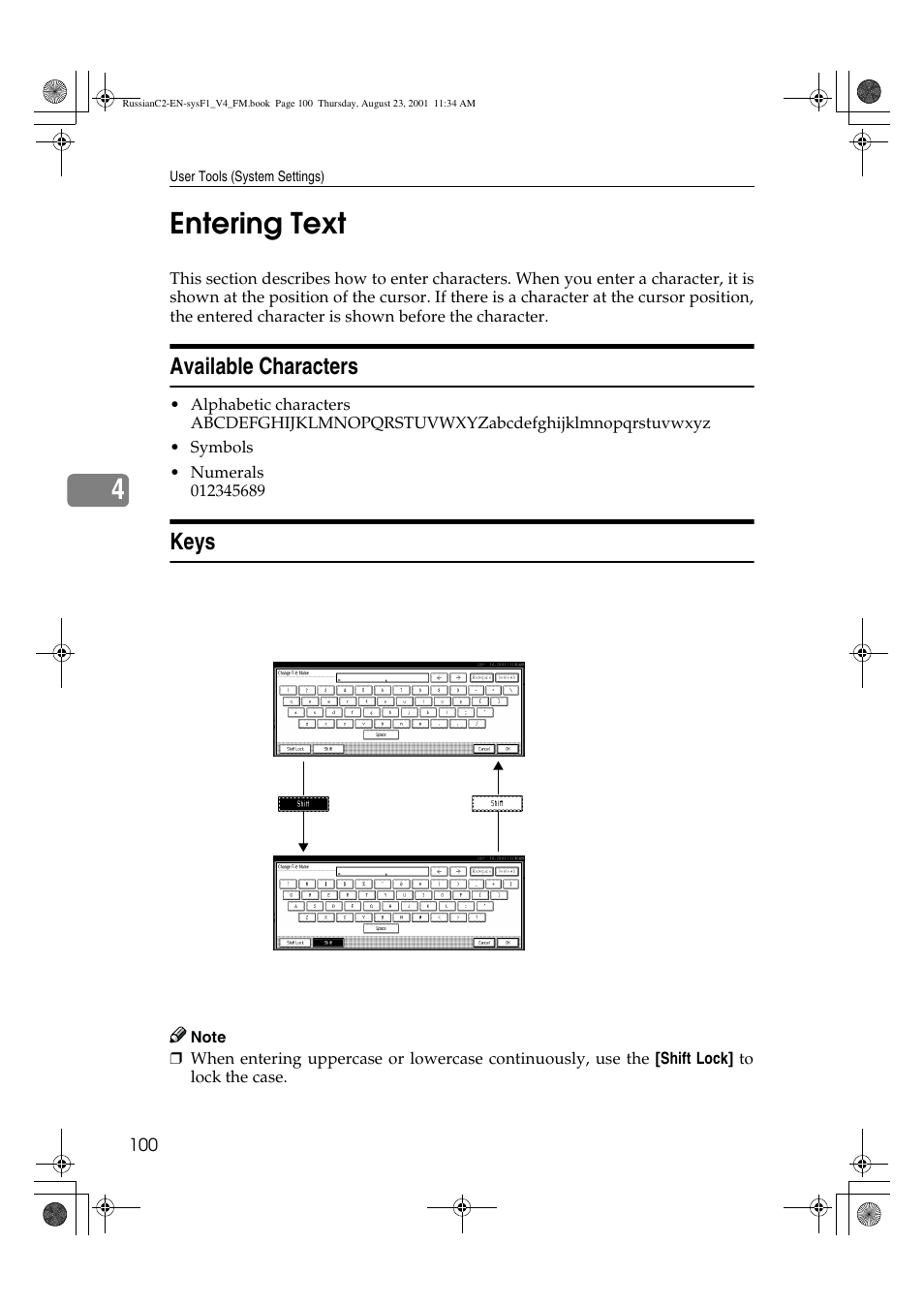 Entering text, Available characters, Keys | 4entering text | Lanier 5622 AG User Manual | Page 113 / 118