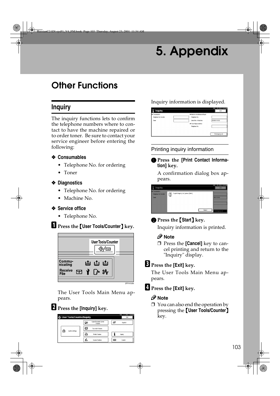 Appendix, Other functions, Inquiry | Lanier 5622 AG User Manual | Page 116 / 118