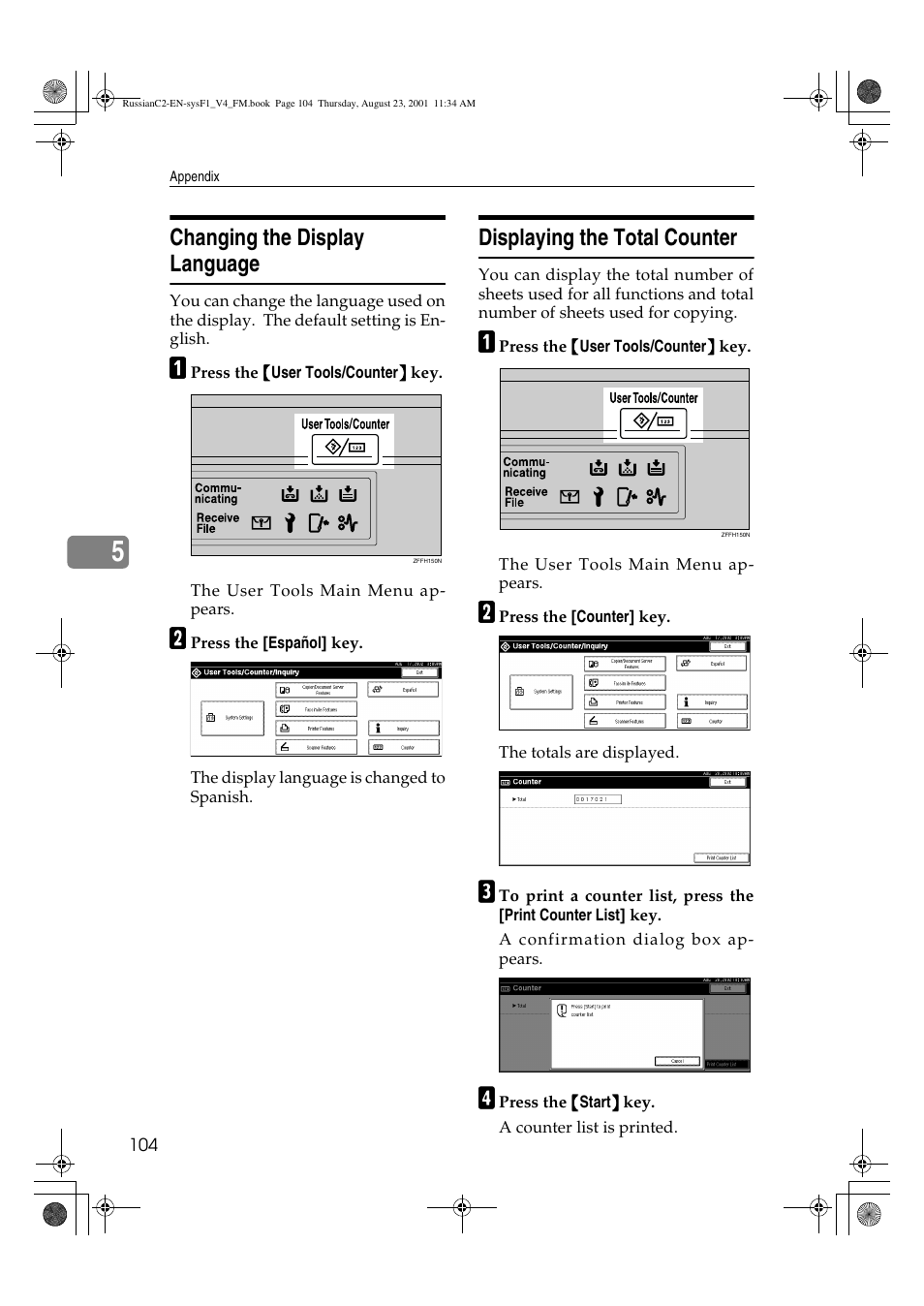 Changing the display language, Displaying the total counter | Lanier 5622 AG User Manual | Page 117 / 118