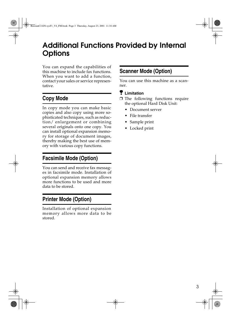 Additional functions provided by internal options, Copy mode, Facsimile mode (option) | Printer mode (option), Scanner mode (option) | Lanier 5622 AG User Manual | Page 16 / 118