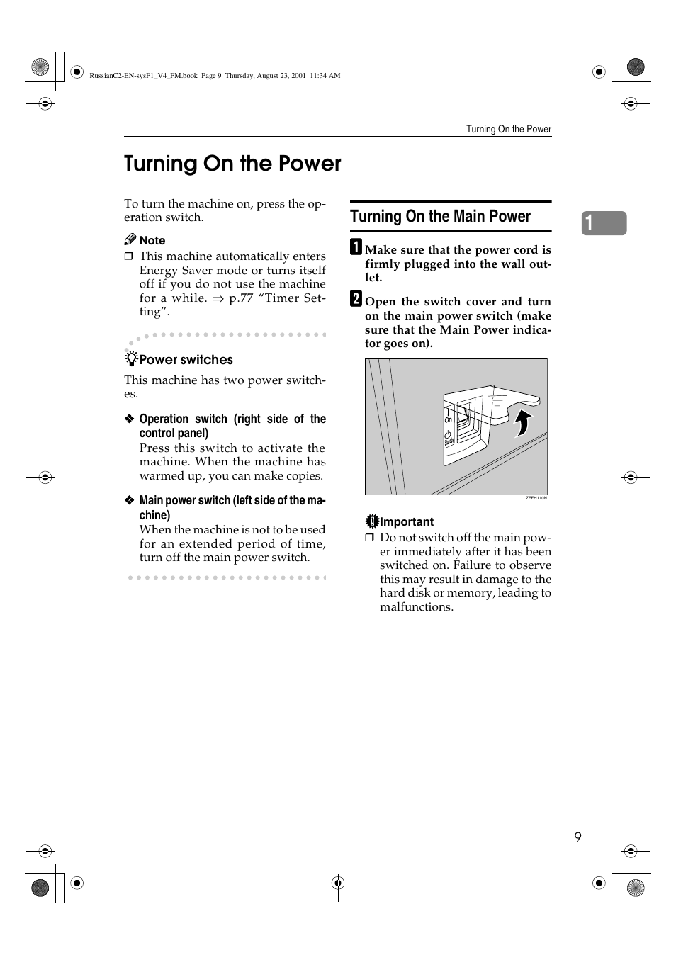 Turning on the power, Turning on the main power, 1turning on the power | Lanier 5622 AG User Manual | Page 22 / 118