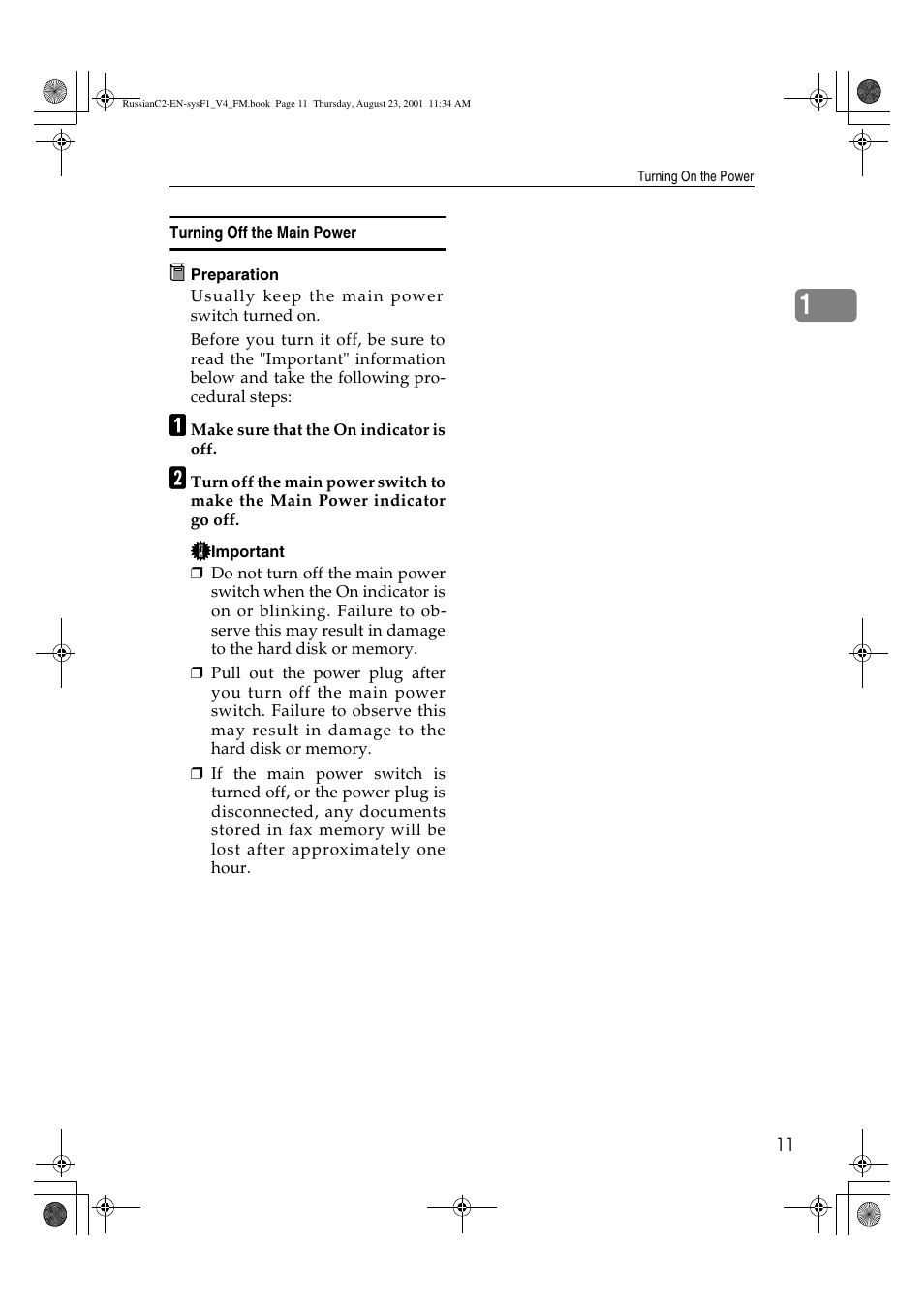 Turning off the main power | Lanier 5622 AG User Manual | Page 24 / 118