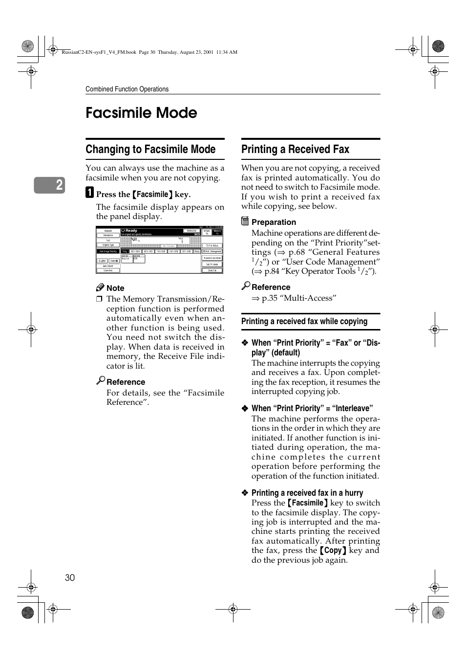 Facsimile mode, Changing to facsimile mode, Printing a received fax | Printing a received fax while copying, 2facsimile mode | Lanier 5622 AG User Manual | Page 43 / 118
