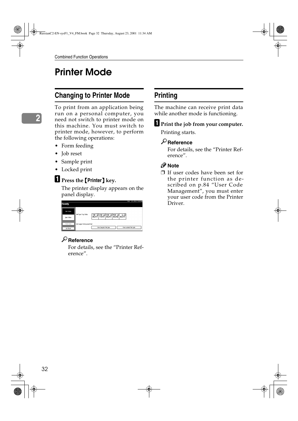 Printer mode, Changing to printer mode, Printing | 2printer mode | Lanier 5622 AG User Manual | Page 45 / 118
