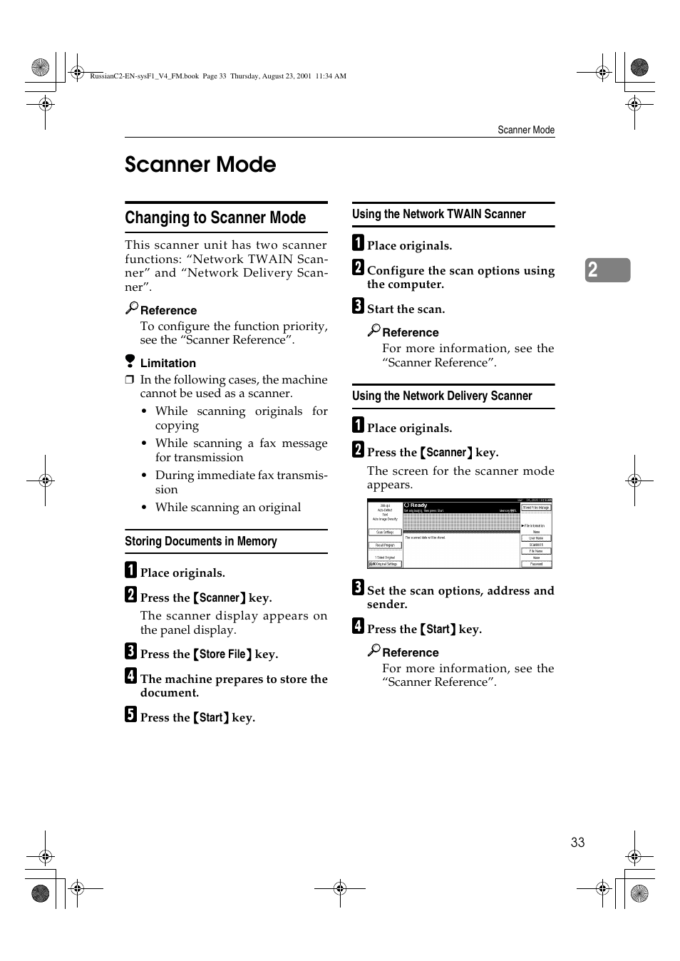 Scanner mode, Changing to scanner mode, Storing documents in memory | Using the network twain scanner, Using the network delivery scanner, 2scanner mode | Lanier 5622 AG User Manual | Page 46 / 118