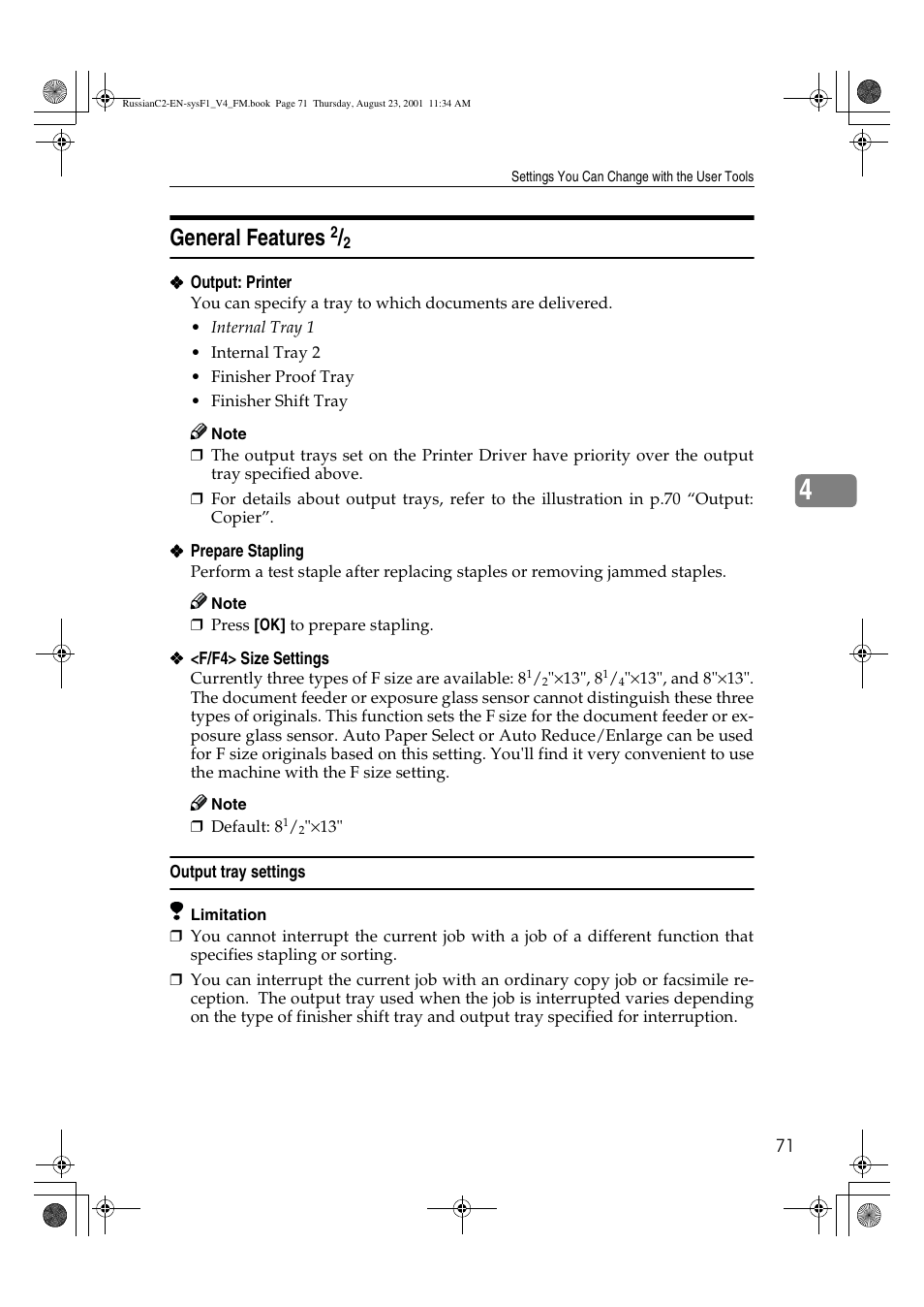 General features 2 /2, Output tray settings, General features | Lanier 5622 AG User Manual | Page 84 / 118