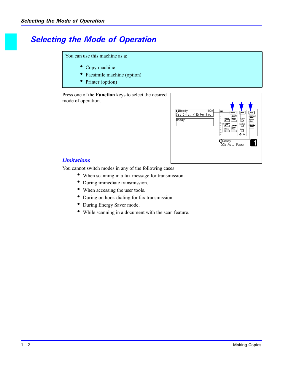 Selecting the mode of operation, Limitations, Selecting the mode of operation -2 | Lanier 5518 User Manual | Page 10 / 97