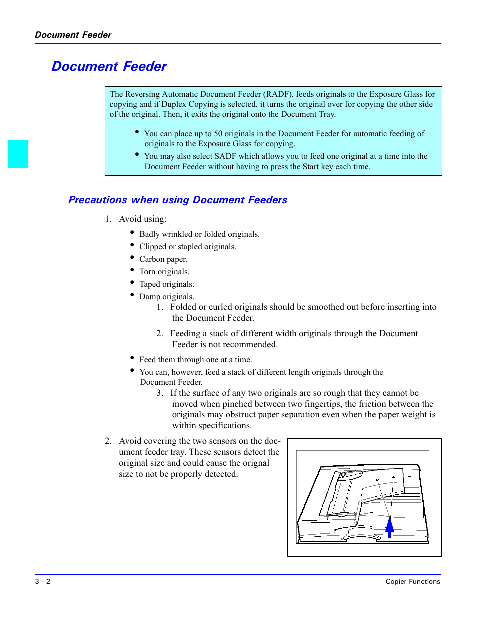 Document feeder, Precautions when using document feeders, Document feeder -2 | Precautions when using document feeders -2 | Lanier 5518 User Manual | Page 24 / 97