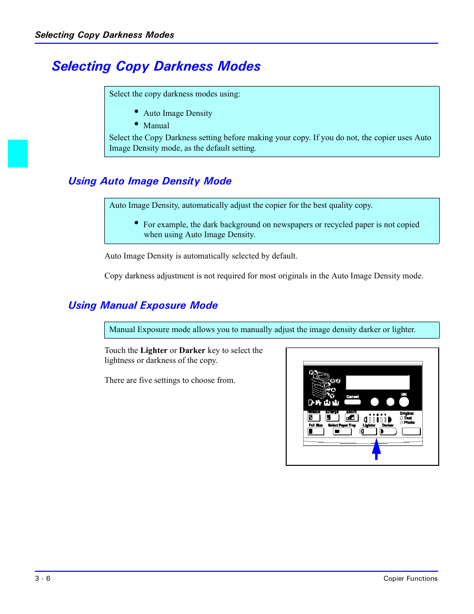 Selecting copy darkness modes, Using auto image density mode, Using manual exposure mode | Selecting copy darkness modes -6, See “selecting copy | Lanier 5518 User Manual | Page 28 / 97