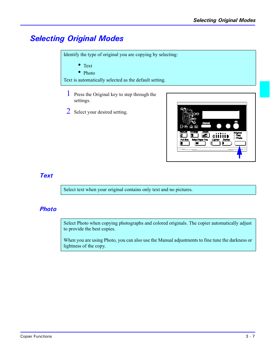 Selecting original modes, Text, Photo | Selecting original modes -7, Text -7 photo -7, See “selecting original modes” on, Selecting original modes 1 | Lanier 5518 User Manual | Page 29 / 97