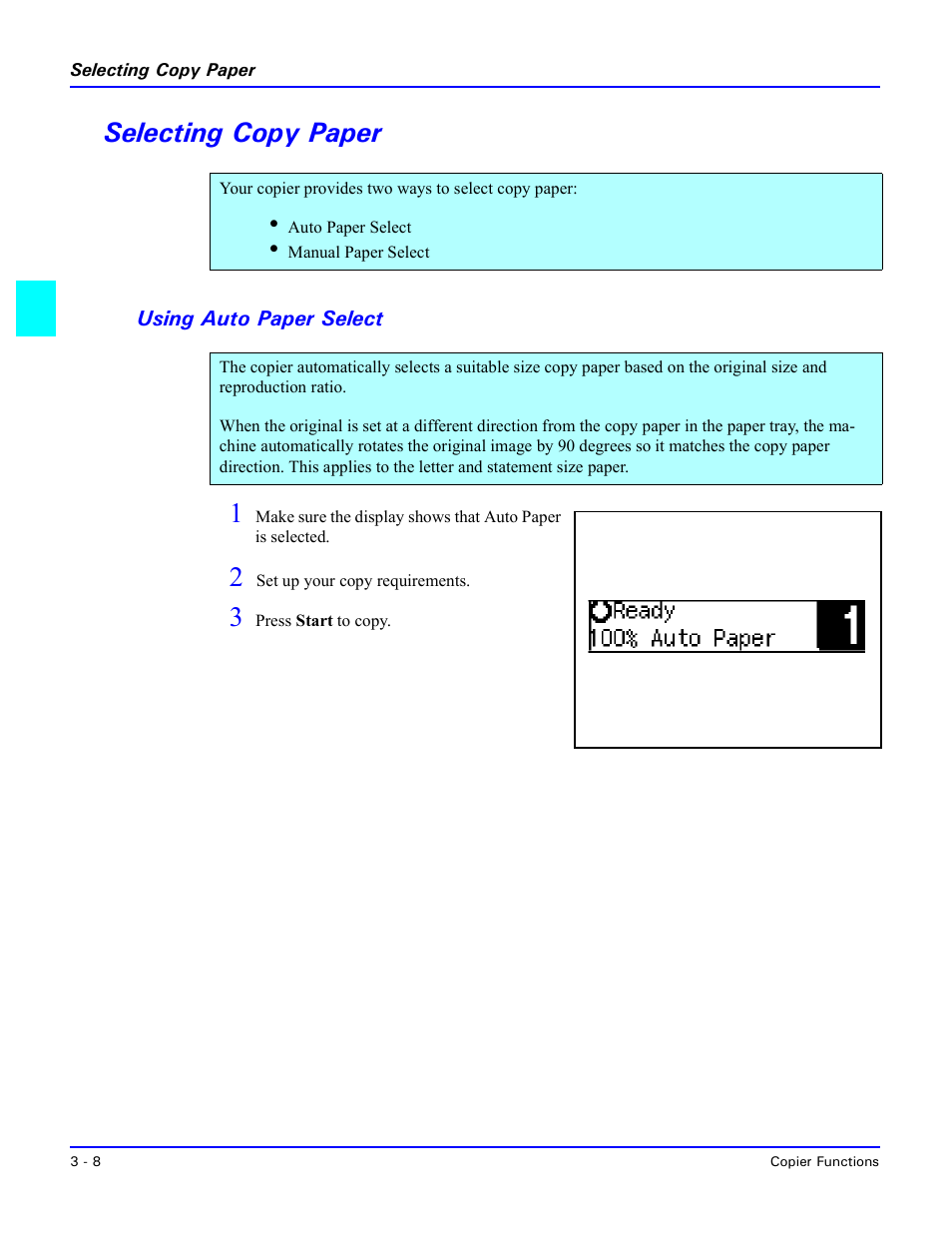 Selecting copy paper, Using auto paper select, Selecting copy paper -8 | Using auto paper select -8 | Lanier 5518 User Manual | Page 30 / 97