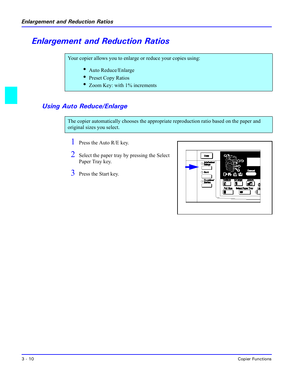 Enlargement and reduction ratios, Using auto reduce/enlarge, Enlargement and reduction ratios -10 | Using auto reduce/enlarge -10 | Lanier 5518 User Manual | Page 32 / 97