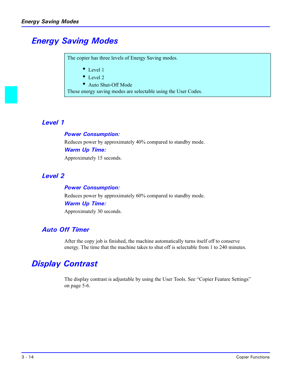 Energy saving modes, Level 1, Power consumption | Warm up time, Level 2, Auto off timer, Display contrast, Energy saving modes -14, Level 1 -14 level 2 -14, Auto off timer -14 | Lanier 5518 User Manual | Page 36 / 97