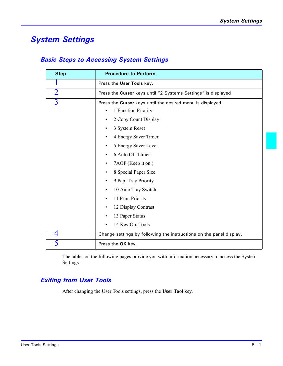 System settings, Basic steps to accessing system settings, Exiting from user tools | System settings -1 | Lanier 5518 User Manual | Page 49 / 97