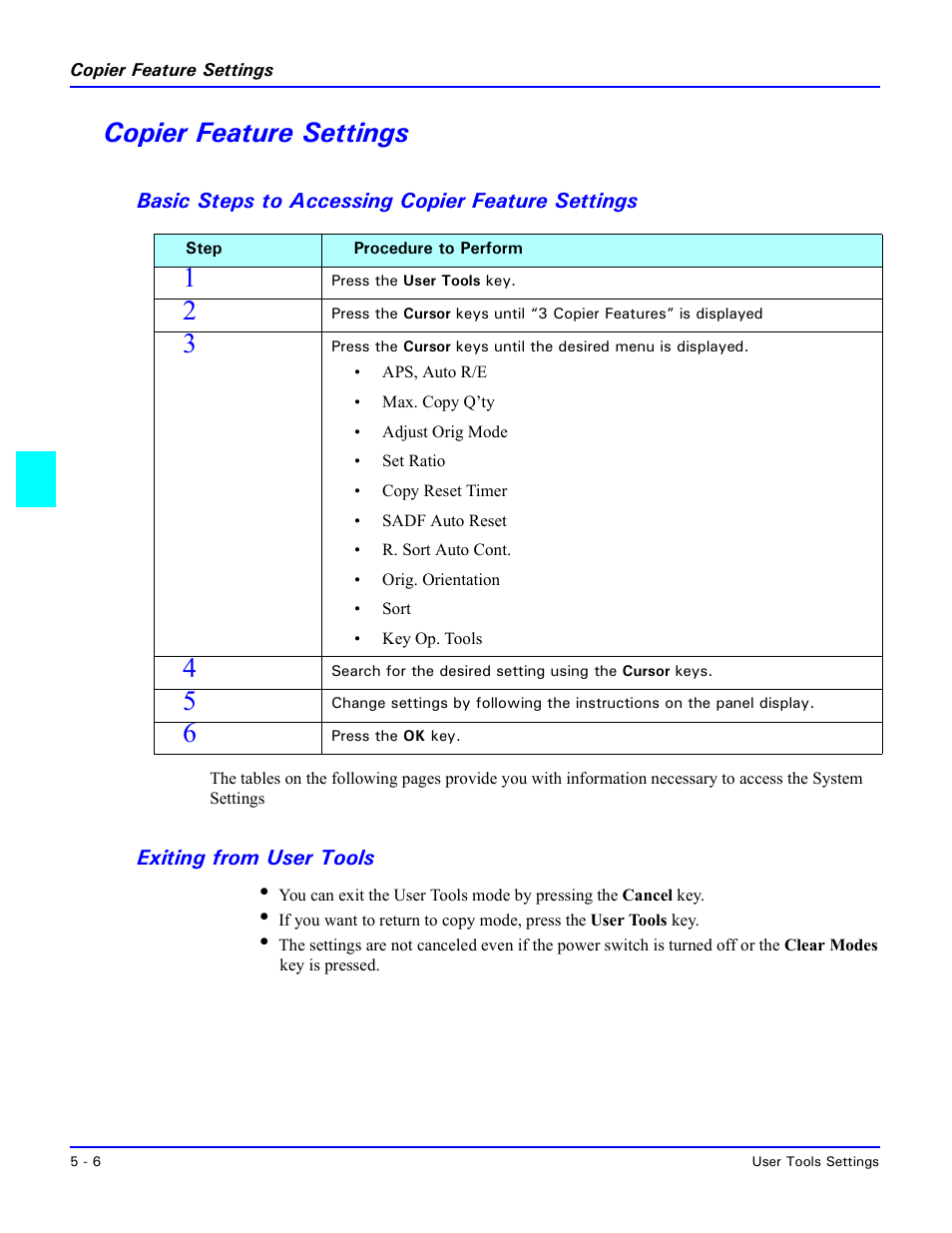 Copier feature settings, Basic steps to accessing copier feature settings, Exiting from user tools | Copier feature settings -6 | Lanier 5518 User Manual | Page 54 / 97