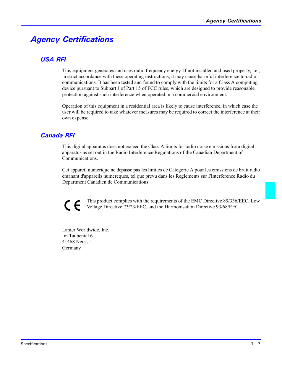 Agency certifications, Usa rfi, Canada rfi | Agency certifications -7, Usa rfi -7 canada rfi -7 | Lanier 5518 User Manual | Page 81 / 97
