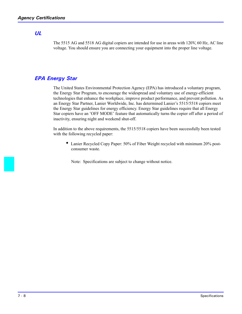 Epa energy star, Ul -8, Epa energy star -8 | Lanier 5518 User Manual | Page 82 / 97