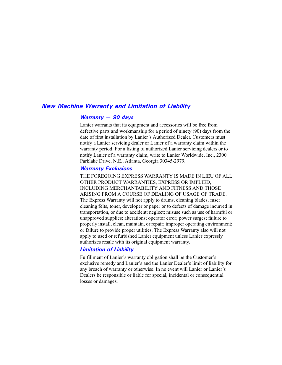 Warranty, New machine warranty and limitation of liability, Warranty — 90 days | Warranty exclusions, Limitation of liability | Lanier 5518 User Manual | Page 96 / 97