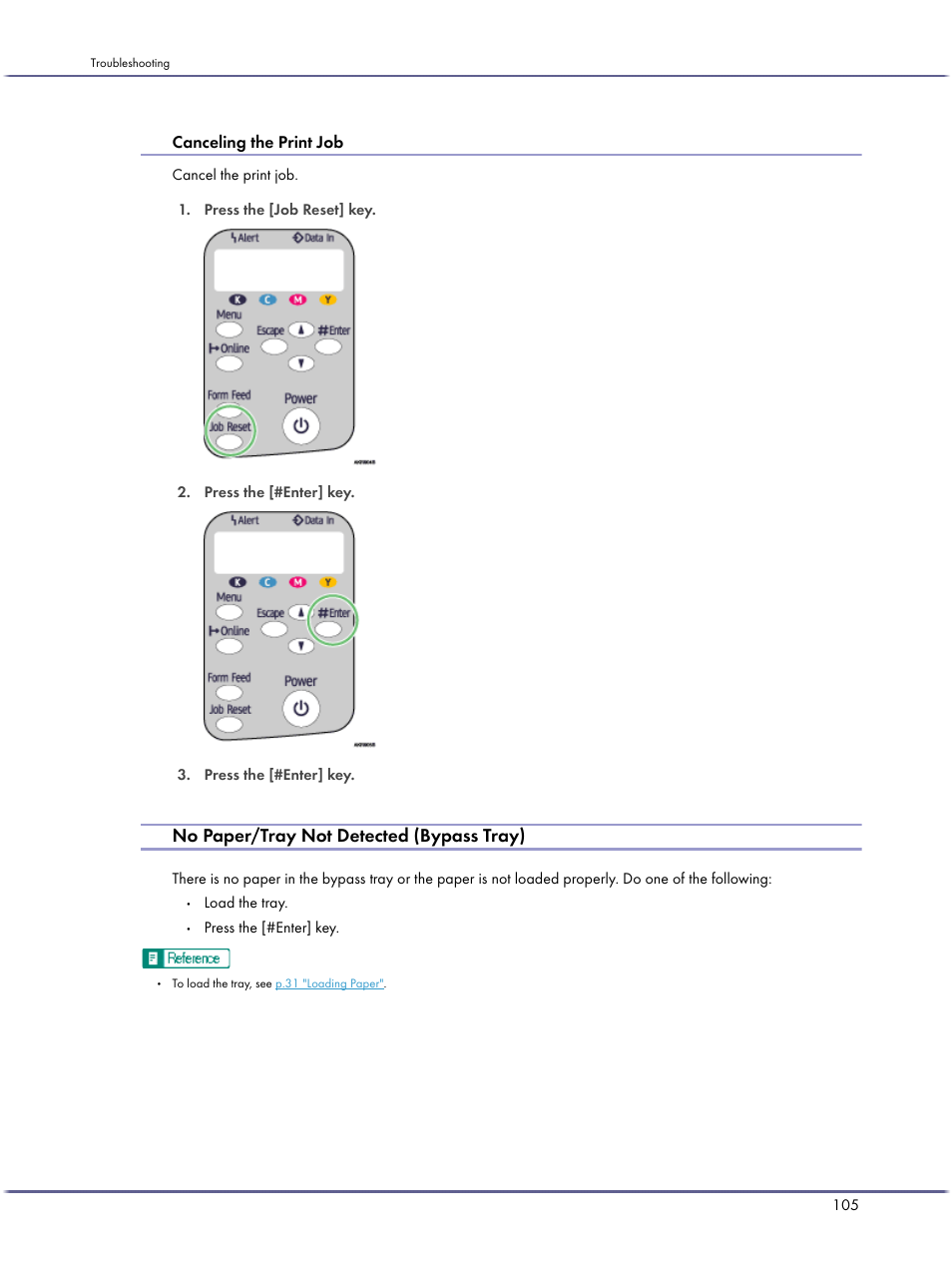 No paper/tray not detected (bypass tray), Canceling the print job, P.105 "no paper/tray not detected (bypass tray) | Lanier GX3050 User Manual | Page 108 / 265