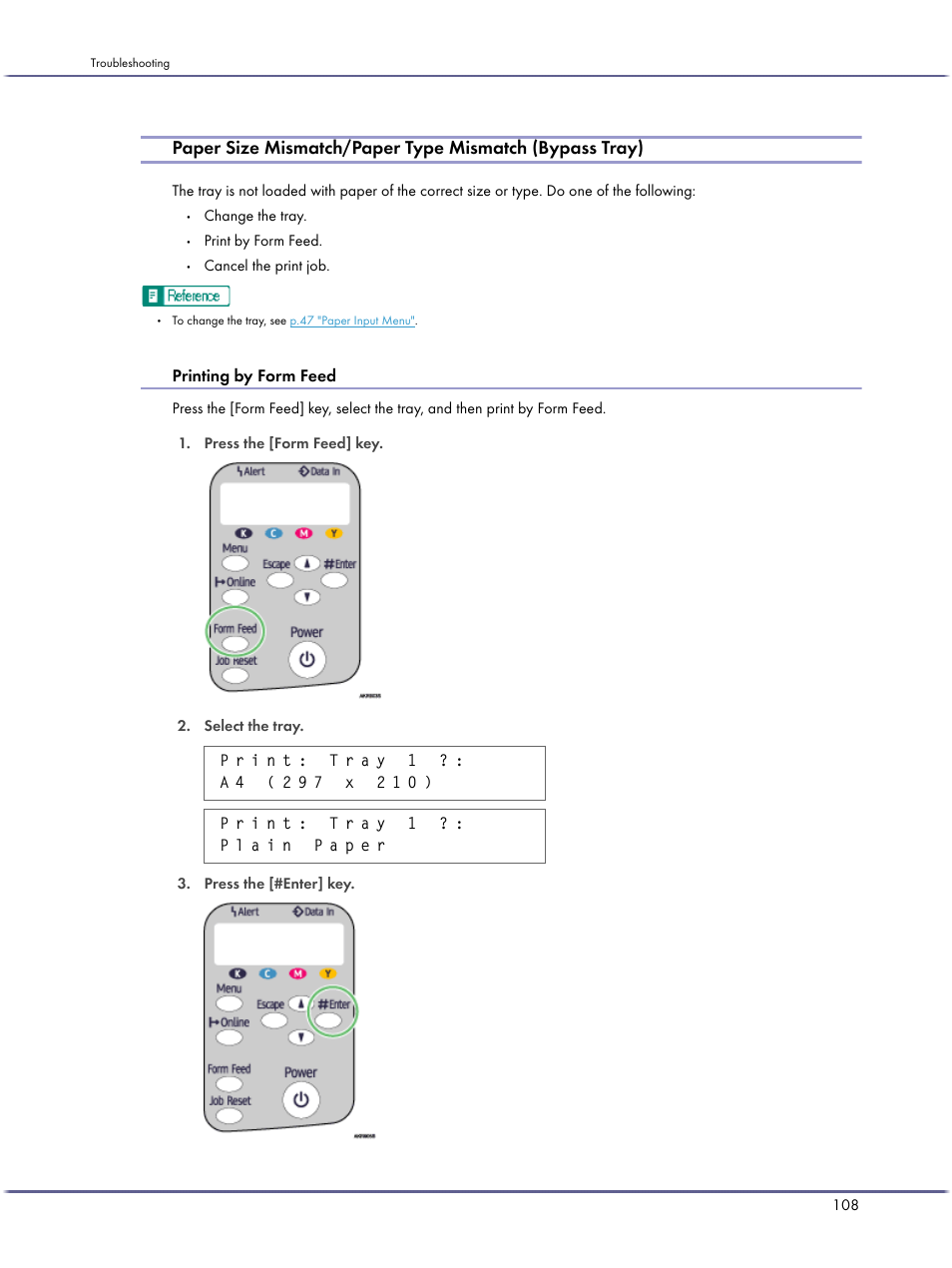 Printing by form feed, P.108 "paper size mismatch/paper type, Mismatch (bypass tray) | Lanier GX3050 User Manual | Page 111 / 265
