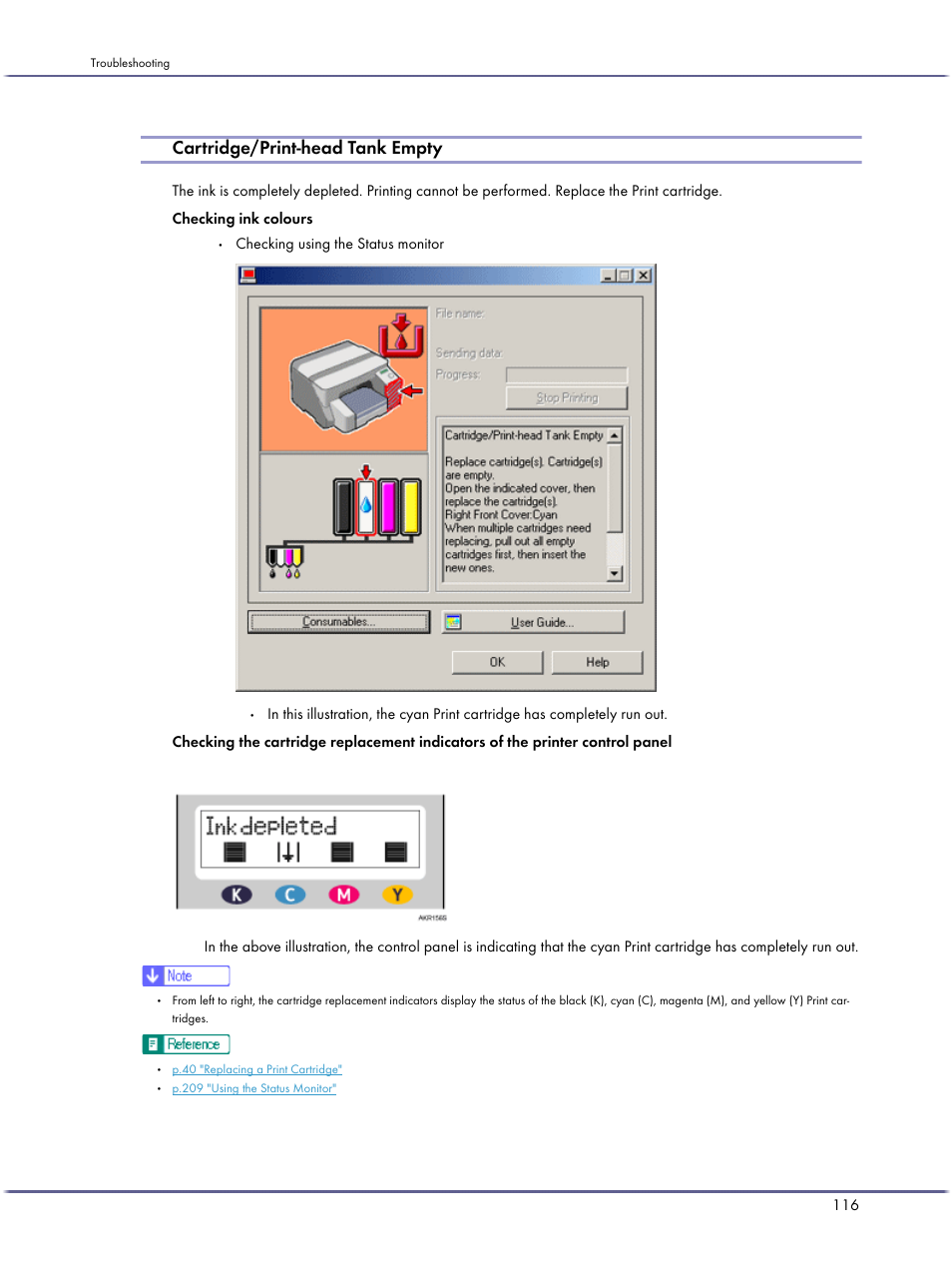 Cartridge/print-head tank empty, Checking using the status monitor | Lanier GX3050 User Manual | Page 119 / 265