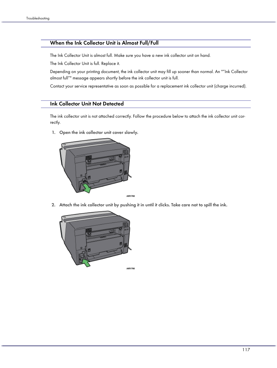 When the ink collector unit is almost full/full, Ink collector unit not detected | Lanier GX3050 User Manual | Page 120 / 265