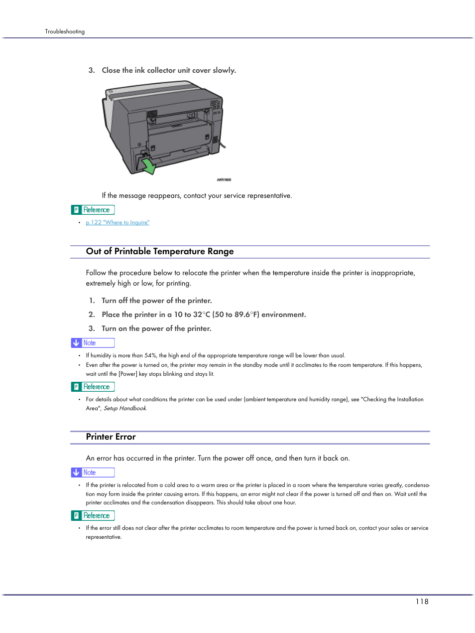 Out of printable temperature range, Printer error, P.118 "out of printable temperature range | Lanier GX3050 User Manual | Page 121 / 265