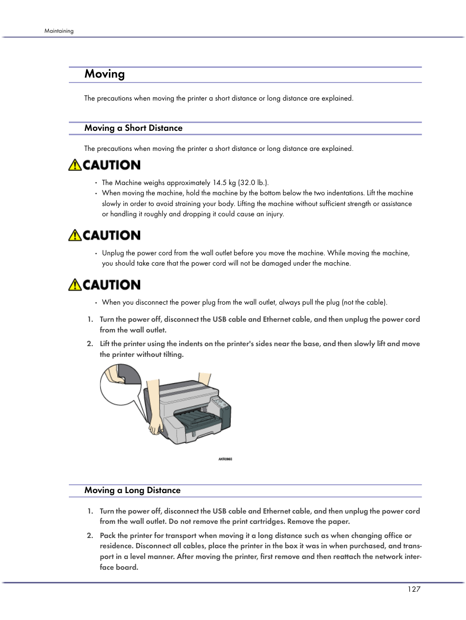 Moving, Moving a short distance, Moving a long distance | Lanier GX3050 User Manual | Page 130 / 265
