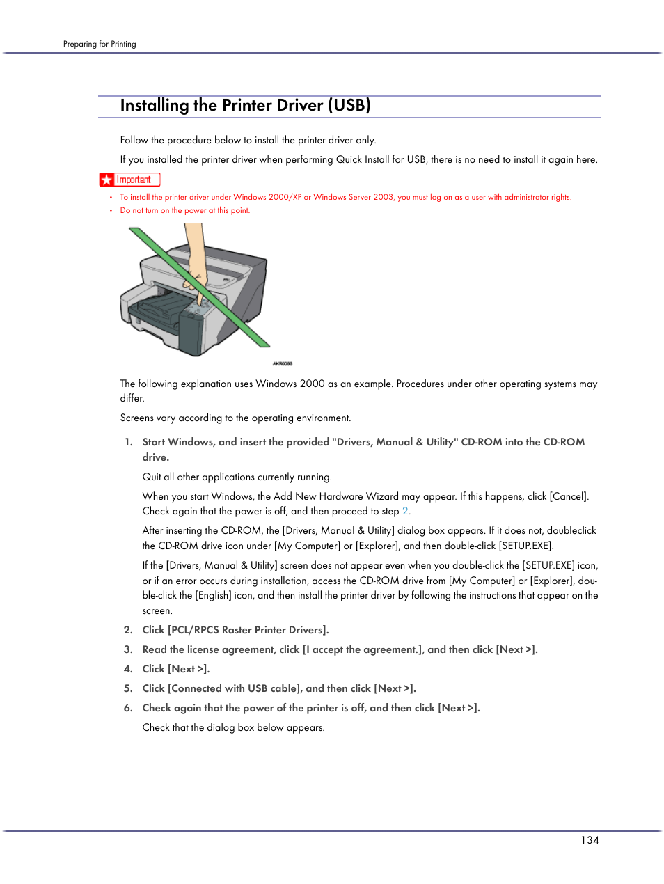 Installing the printer driver (usb), P.134 "installing the printer driver (usb) | Lanier GX3050 User Manual | Page 137 / 265