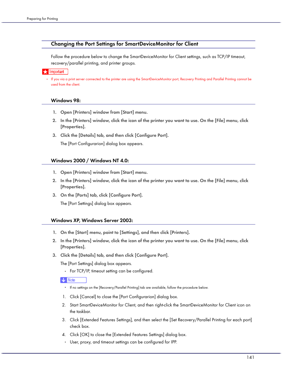Windows 98, Windows 2000 / windows nt 4.0, Windows xp, windows server 2003 | Lanier GX3050 User Manual | Page 144 / 265