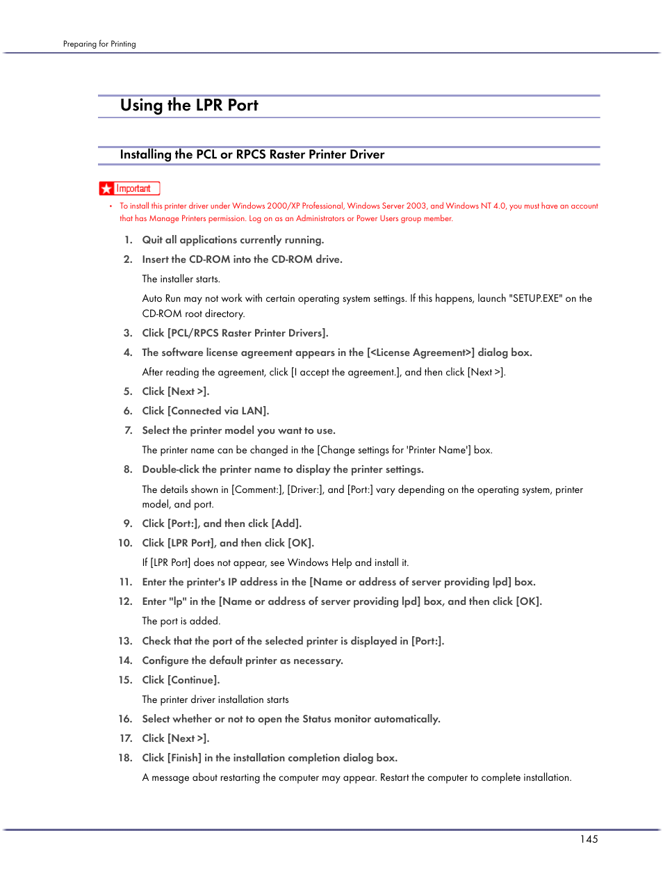 Using the lpr port, Installing the pcl or rpcs raster printer driver, P.145 "using the | Lpr port, P.145 "using the lpr port | Lanier GX3050 User Manual | Page 148 / 265