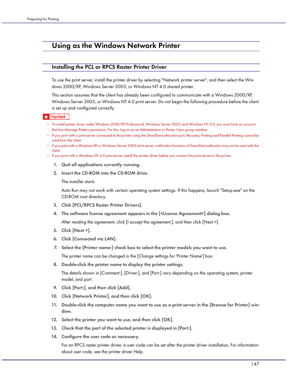 Using as the windows network printer, Installing the pcl or rpcs raster printer driver, P.147 "using as the windows network printer | Lanier GX3050 User Manual | Page 150 / 265