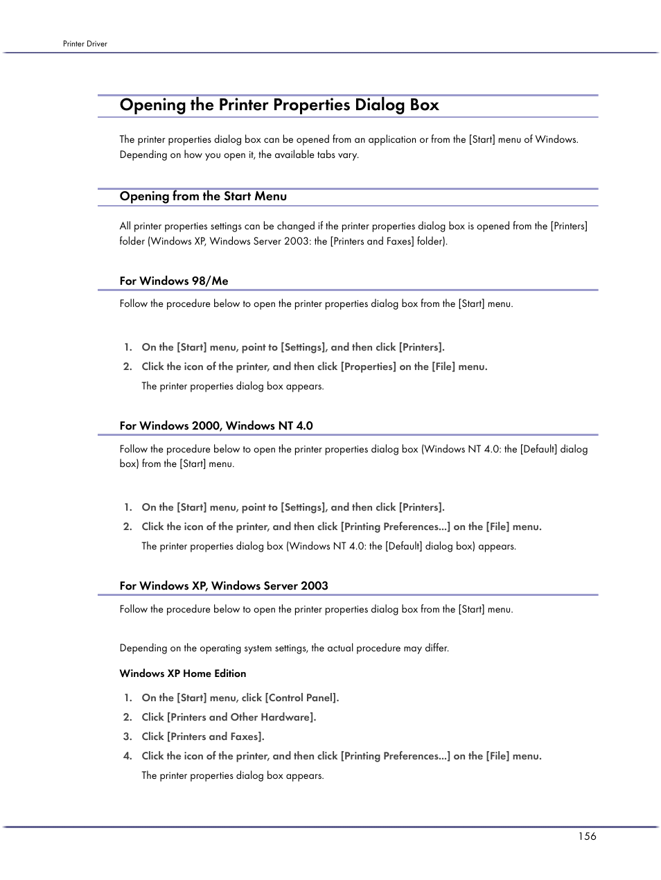 Opening the printer properties dialog box, Opening from the start menu, For windows 98/me | For windows 2000, windows nt 4.0, For windows xp, windows server 2003, P.156 "opening from the start menu | Lanier GX3050 User Manual | Page 159 / 265
