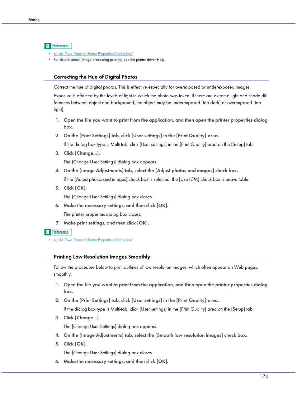 Correcting the hue of digital photos, Printing low resolution images smoothly, S. see | P.174 "correct, Ing the hue of digital photos, P.174 "printing low resolution images smoothly | Lanier GX3050 User Manual | Page 177 / 265
