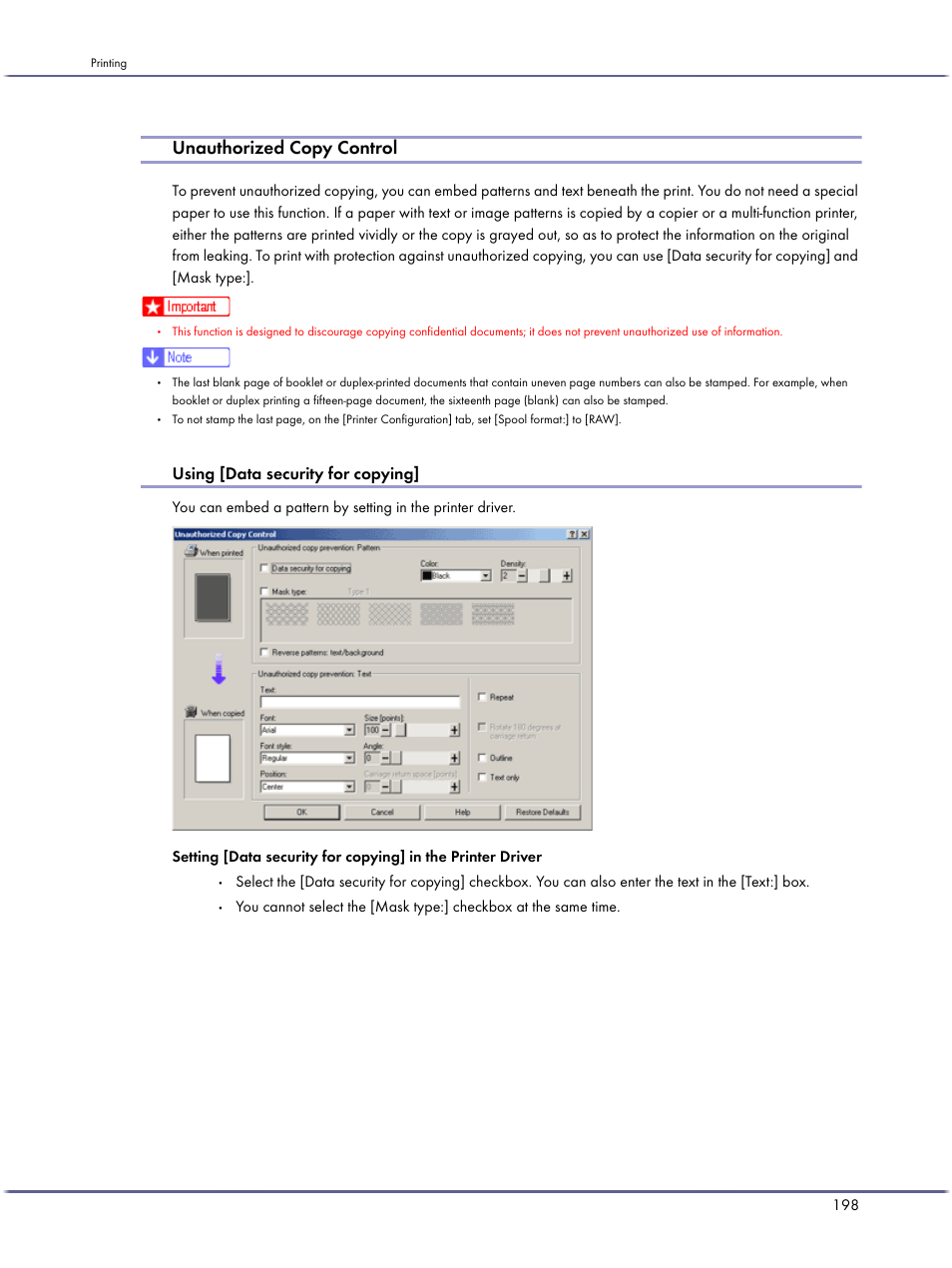 Unauthorized copy control, Using [data security for copying, P.198 "unauthorized copy control | Lanier GX3050 User Manual | Page 201 / 265