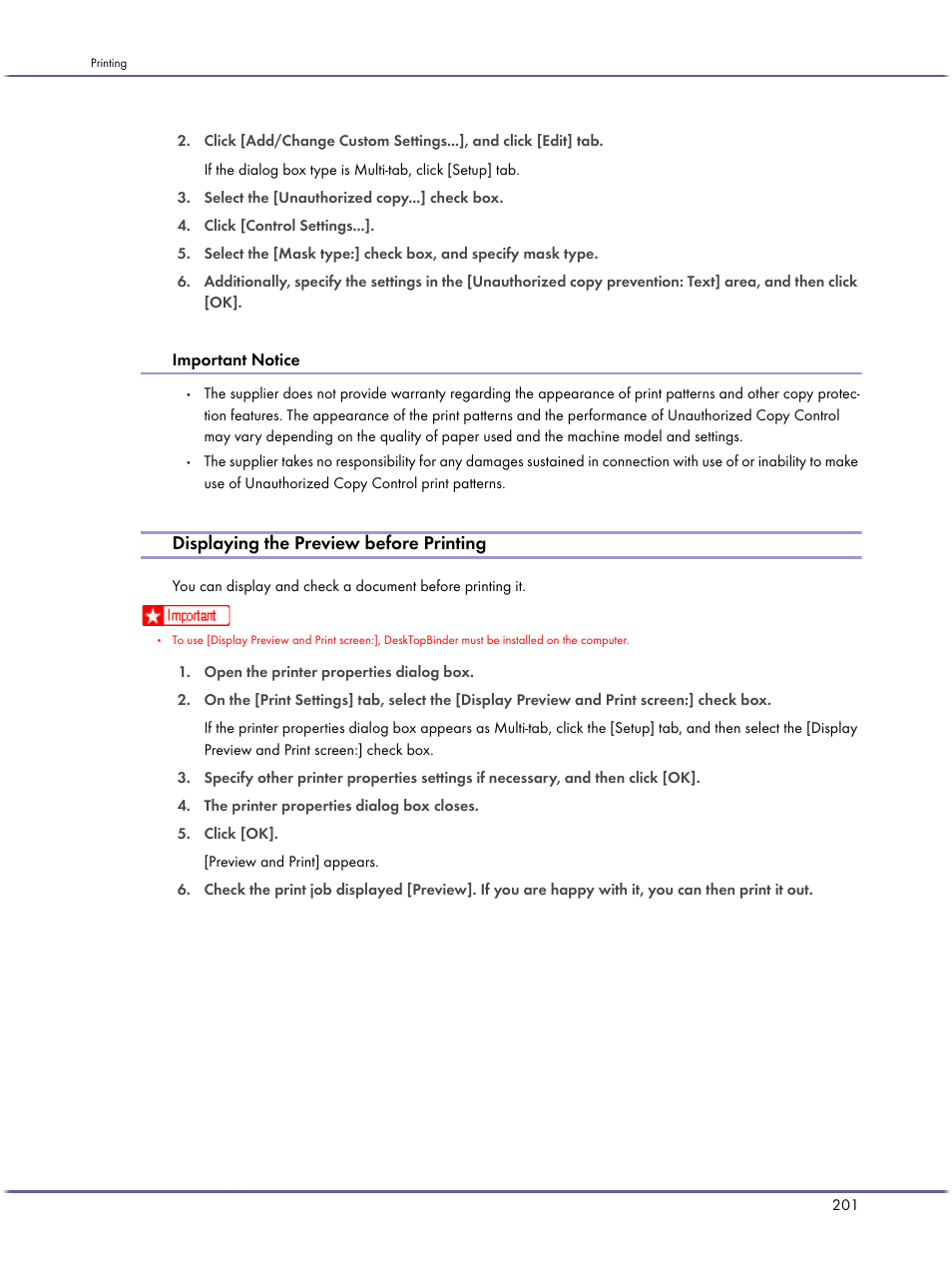 Displaying the preview before printing, Important notice | Lanier GX3050 User Manual | Page 204 / 265