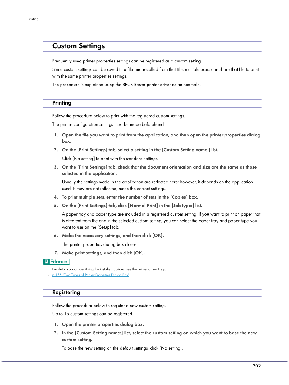 Custom settings, Printing, Registering | Lanier GX3050 User Manual | Page 205 / 265