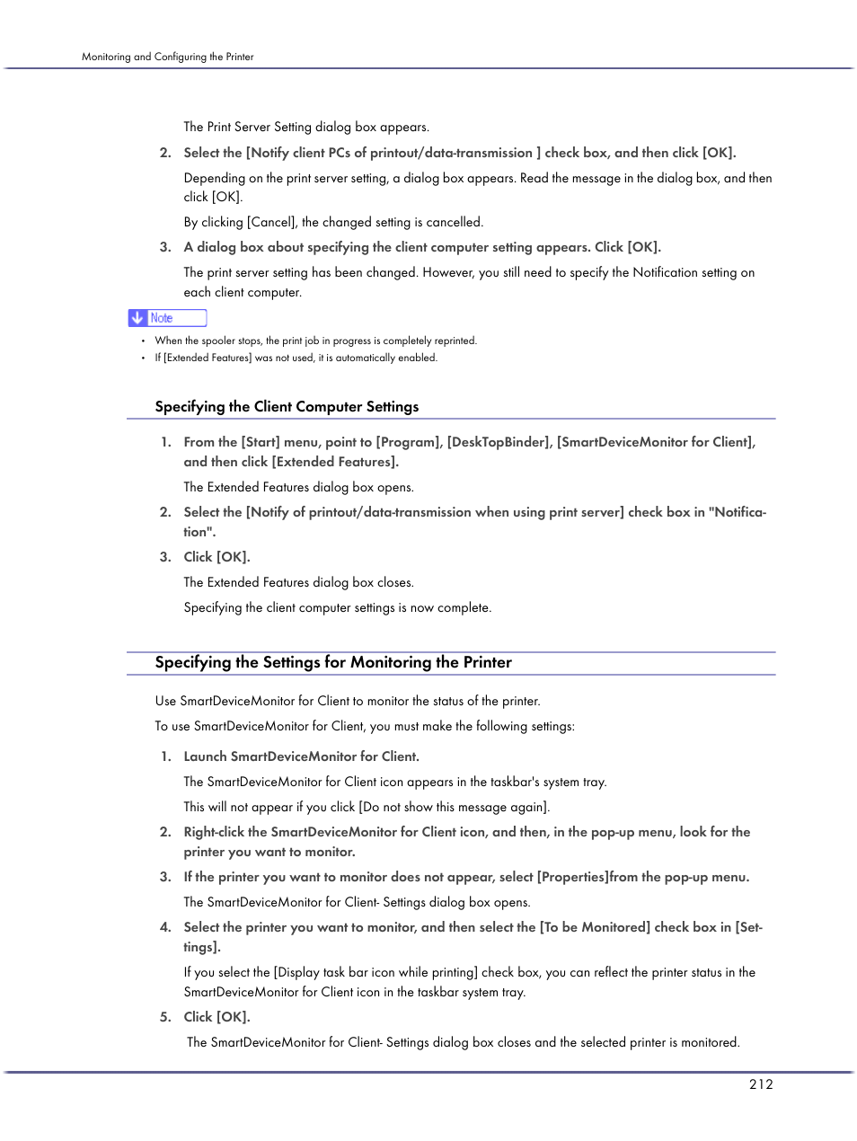 Specifying the settings for monitoring the printer, Specifying the client computer settings | Lanier GX3050 User Manual | Page 215 / 265