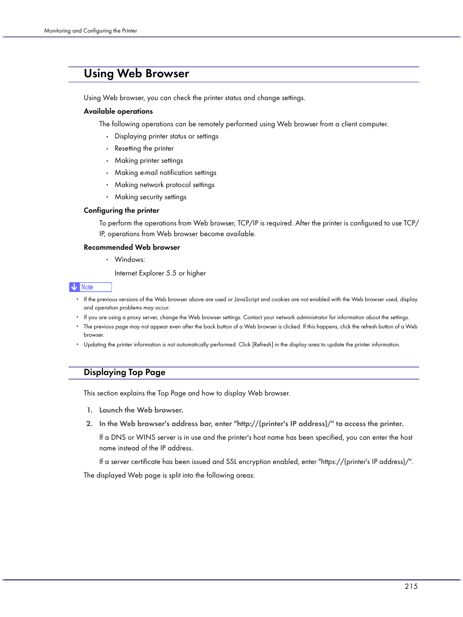 Using web browser, Displaying top page | Lanier GX3050 User Manual | Page 218 / 265